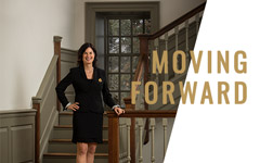 President Katherine Rowe in the Wren Building with Moving Forward text overlayed