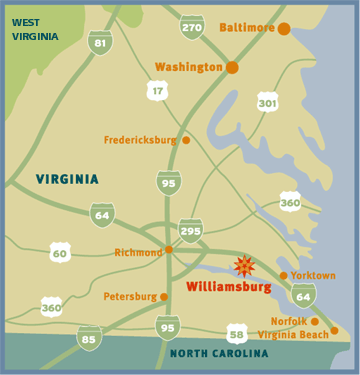 Map of Virginia. Airline or Amtrak. There are three airports convenient to 