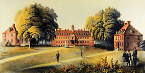A 19th-century view of the Wren Building flanked by the Brafferton and the President's House.