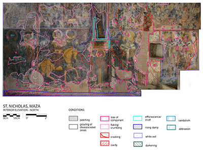 Prof. Stancioiu's research: Interior elevation with conditions assessment, north wall, Church of St. Nicholas, Maza, Apokoronas, Chania, 1325-27.  