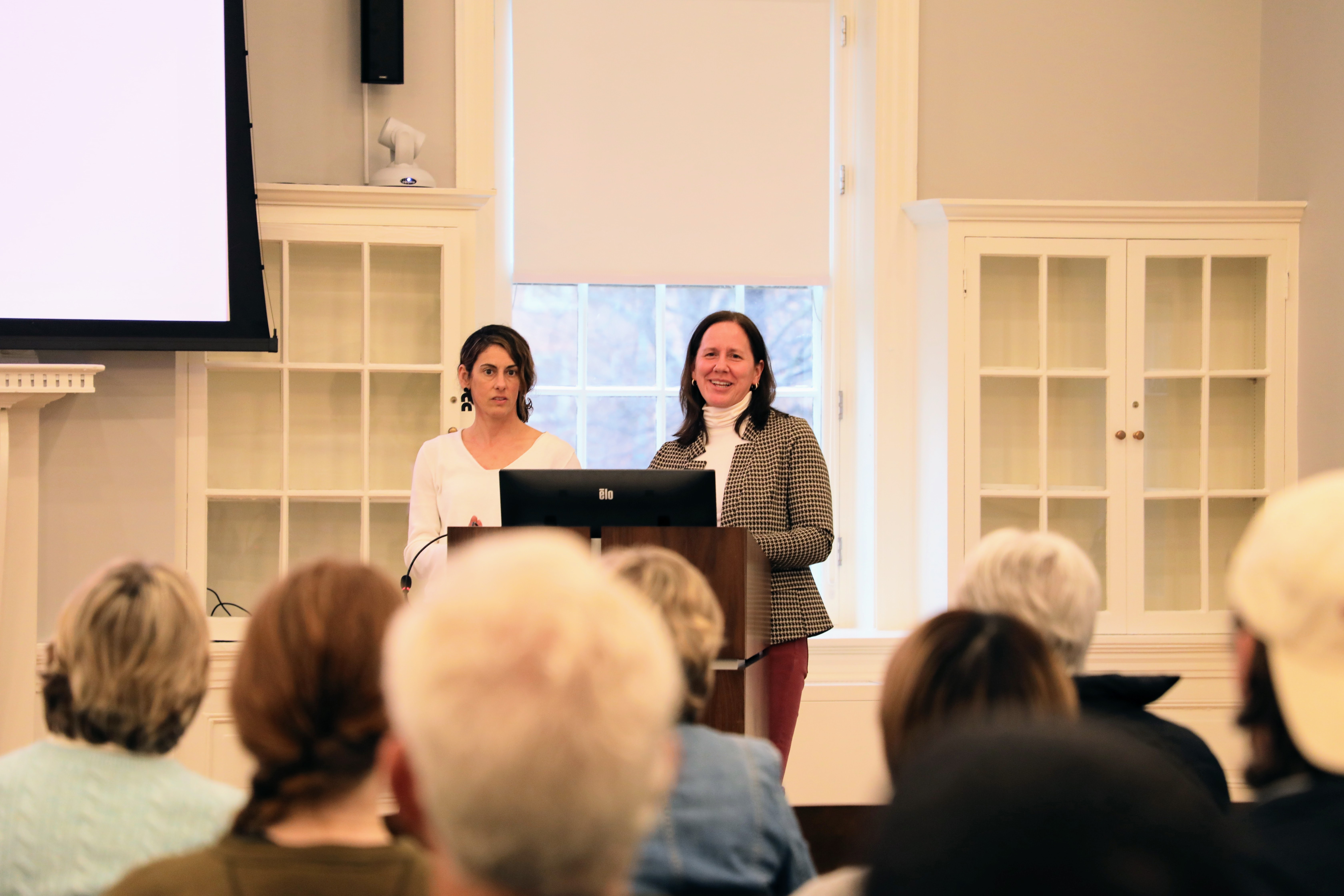 In a Sharp Journalism public talk Feb. 12, journalists Stephanie Hanes and Sara Miller Llana of the Christian Science Monitor shared insights gathered from a year’s worth of reporting in eight countries. (photo by Emmanuel Sampson)