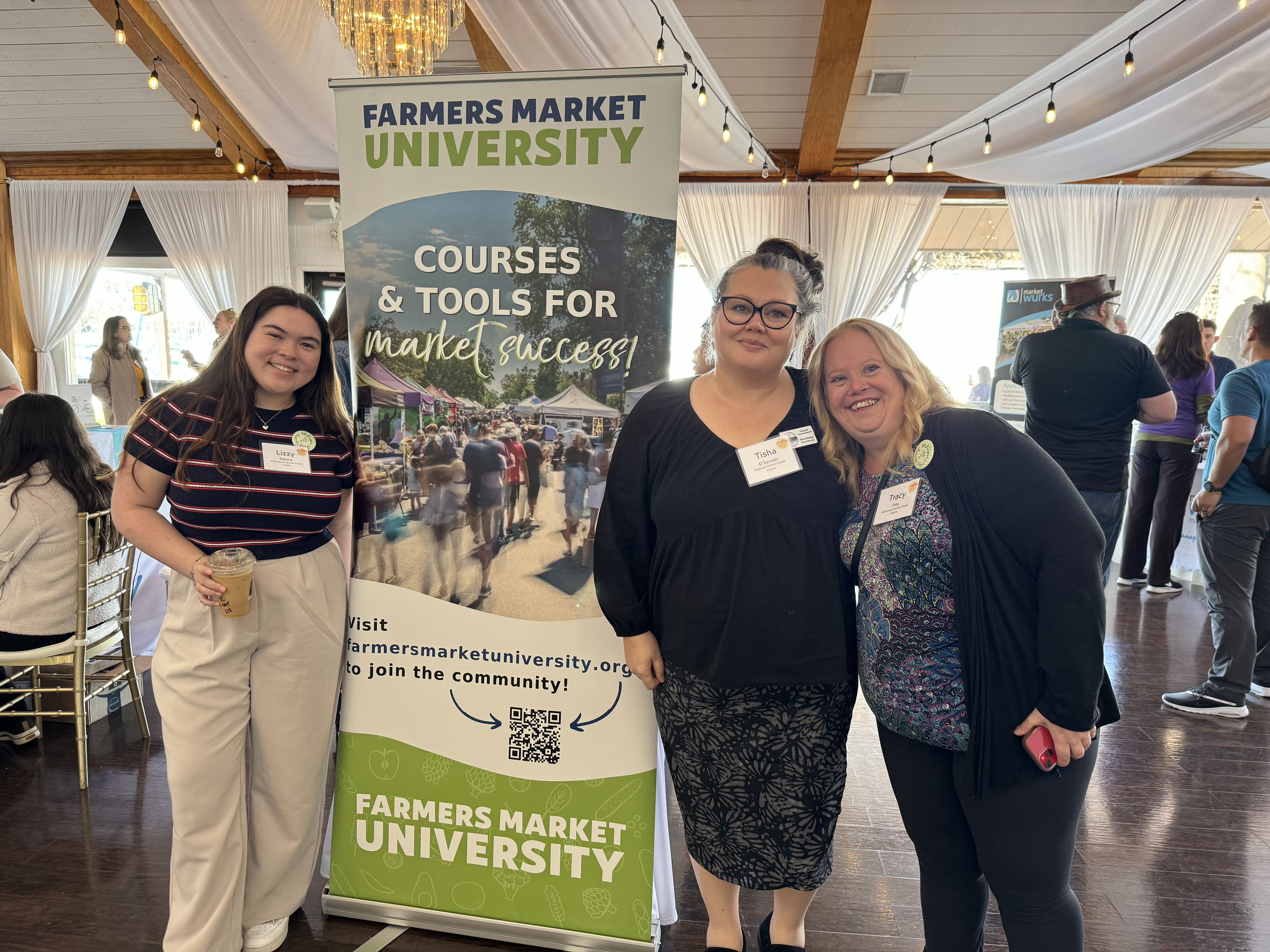 Marketing major Lizzy Rekate ‘26 (left) used a Charles Center Research in Motion grant to present her research alongside Hopewell Farmers Market manager Tisha Sawyer (center) and Williamsburg Farmers Marker director Tracy Frey (right) at the InTents Farmers Market conference in San Diego. (courtesy photo)