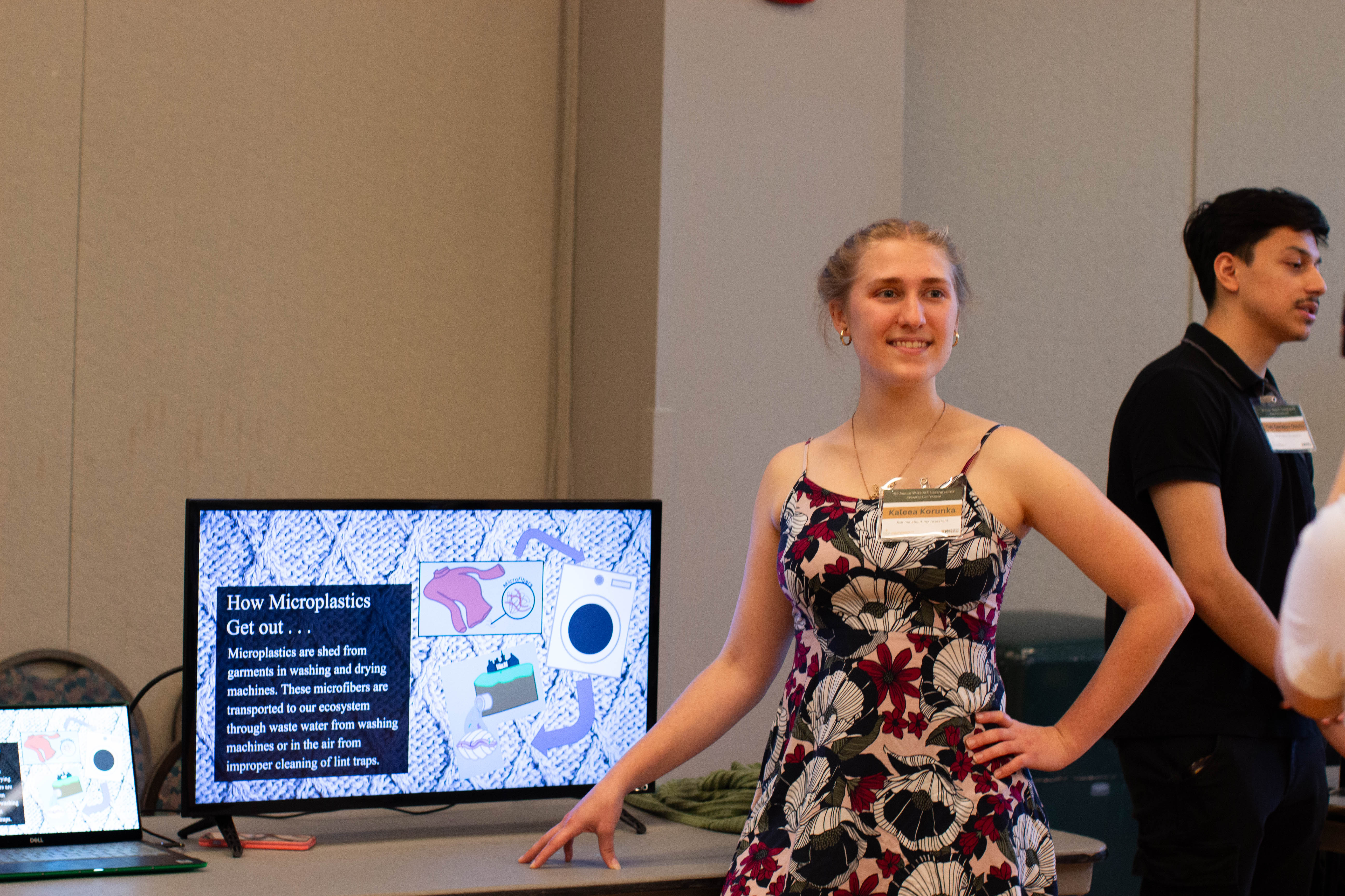 Kaleea Korunka ’25, a chemistry major and Sharpe Community Scholars fellow, presented on her eviction research in a digital poster session. (Photo by Tess Willett)