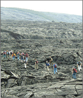 William & Mary geologists traversing the lava fields of Hawaii in the Geology 310 course.