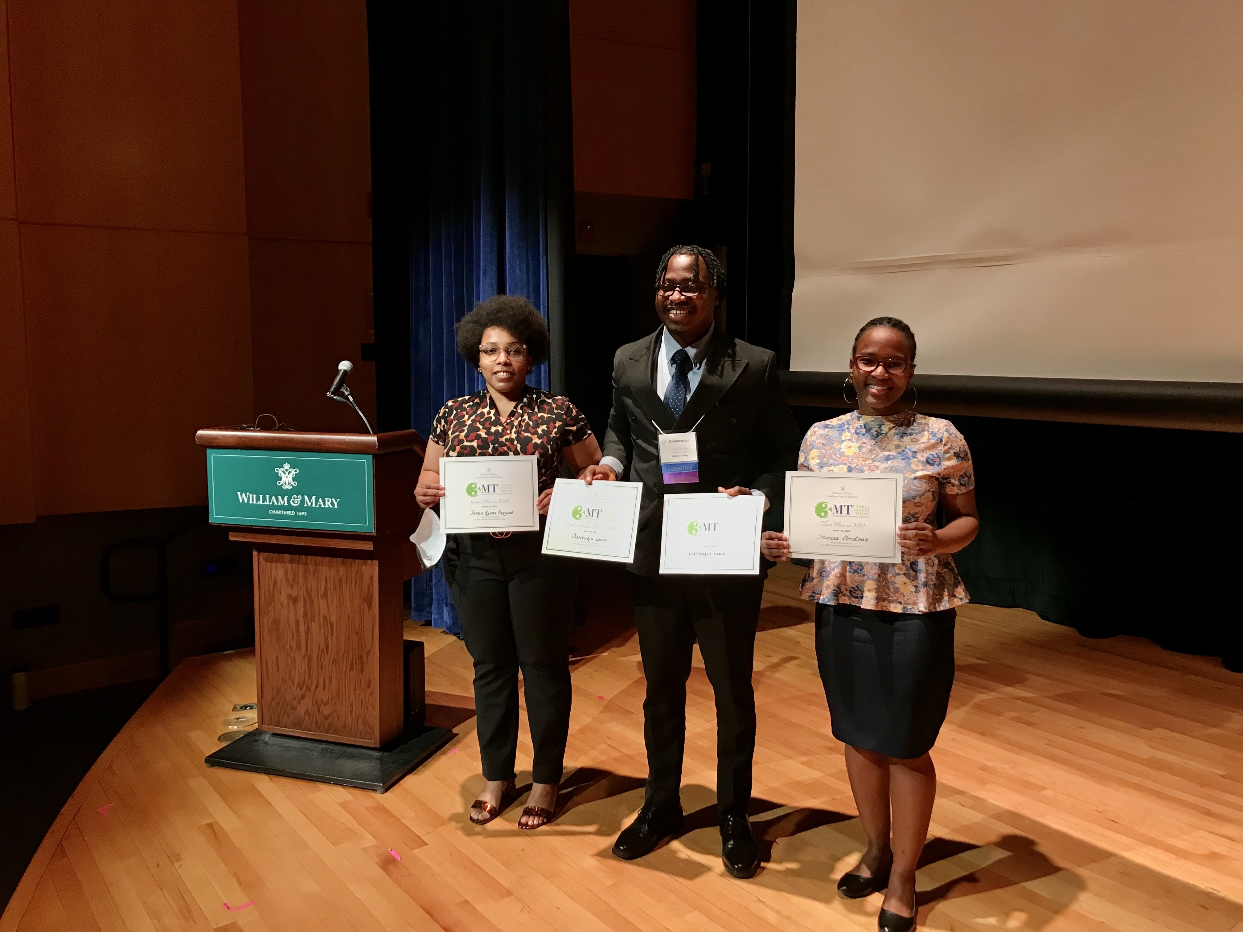 Pictured: 3MT award winners, left to right, Tamia Haygood, History doctoral candidate; Olanrewaju Lasisi, Anthropology doctoral candidate; Sherena Christmas, Biology master’s student