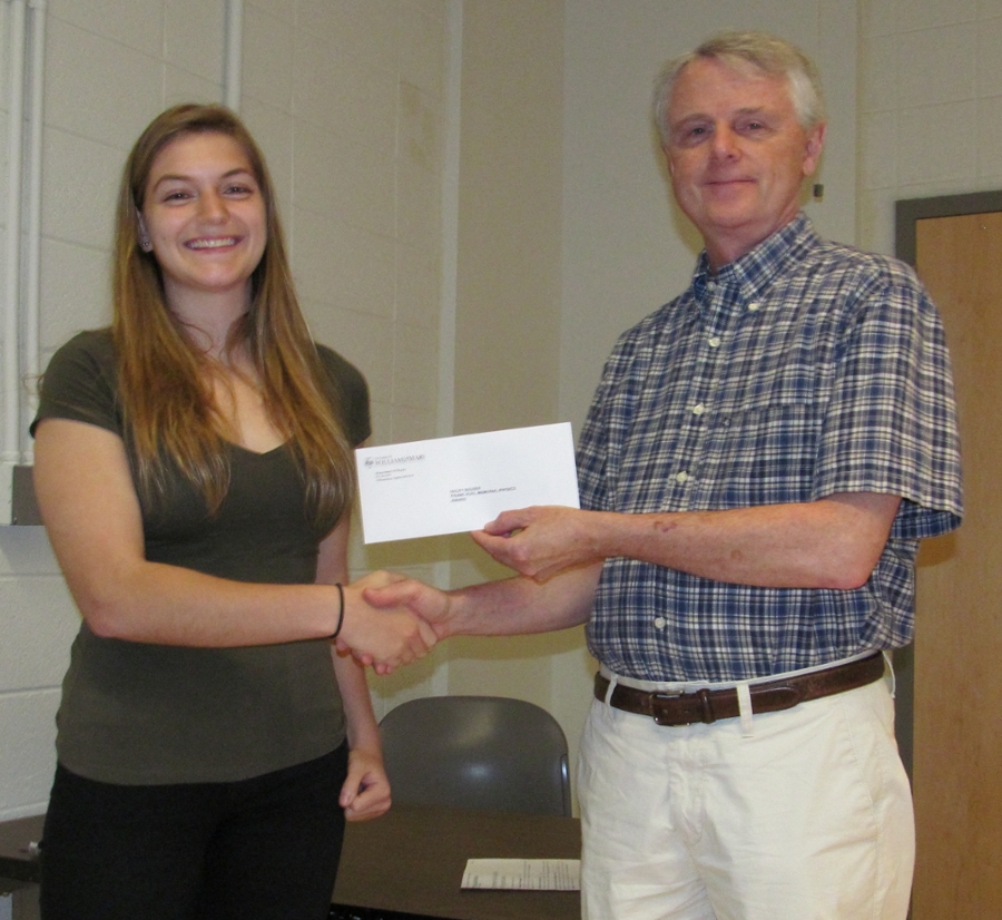 2015 Frank Hohl Memorial Physics Awardee Haley Bauser with Physics Chair Dr. Tracy