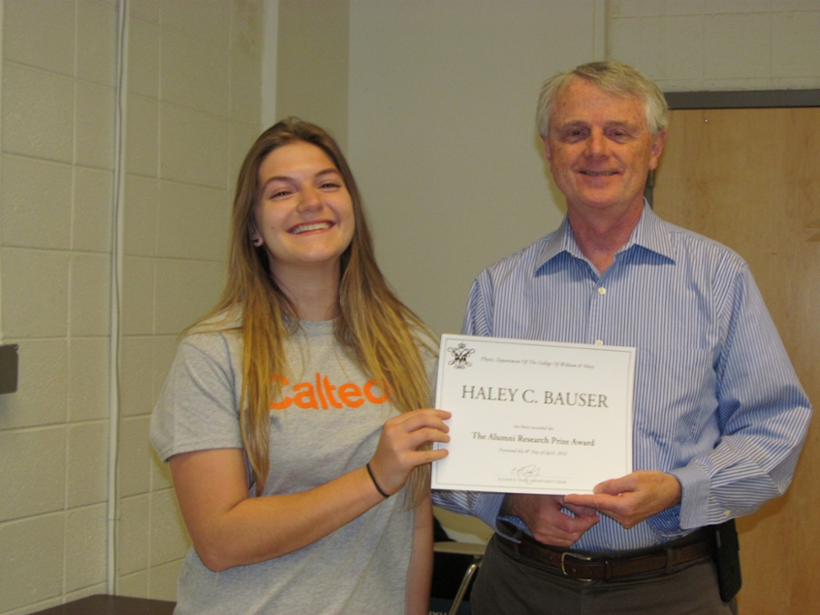 2016 Alumni Student Academic Prize Awardee Haley Bauser with Physics Chair Dr. Tracy