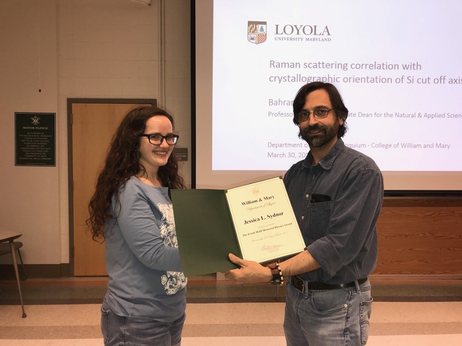 2018 Frank Hohl Memorial Physics awardee Jessica Sydnor with physics chair Dr. Carone