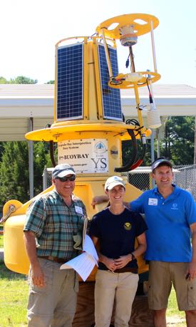 From left: CBNERR director William Reay, Lead CBIBS Engineer Katie Kirk and NOAA’s Virginia Outreach Coordinator Andrew Larkin during the launch ceremony. (VIMS photo)