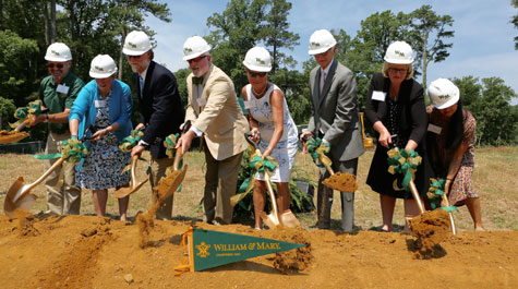 At the June 12, 2017, ceremony for the McLeod Tyler Wellness Center, (from left) Ronald Russell, Linda Knight, Kelly Crace, Goody Tyler, Bee McLeod, W&M President Taylor Reveley, Ginger Ambler and Anna Wong '17 break ground. (Photo by Stephen Salpukas)