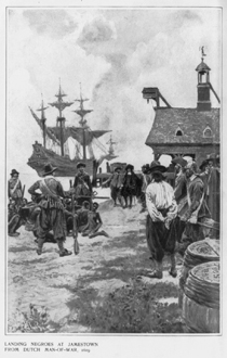 This early 20th century drawing portrays the arrival of the first Africans as enslaved people in America in 1619. (Library of Congress image)
