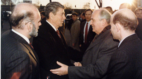 U.S. President Ronald Reagan and Soviet leader Mikhail Gorbachev after a 1988 meeting.
