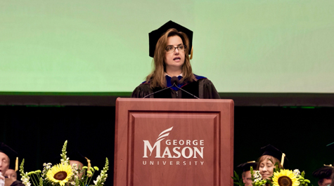 Peggy Agouris speaks at a GMU College of Science graduation event. (Photo courtesy of GMU Creative Services)