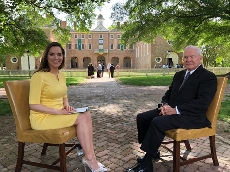 Margaret Brennan interviewed Robert Gates for the second time at W&M Friday morning. (Photo courtesy of CBS)