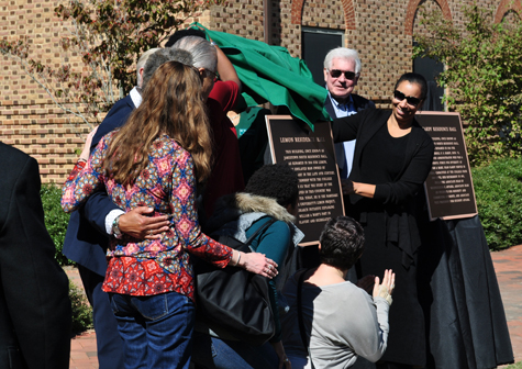 A plaque for Lemon Hall is unveiled in 2016. The residence hall was renamed for Lemon, a man enslaved by the university. (Photo courtesy of the Lemon Project) 