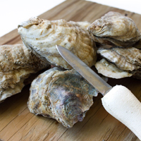 Oysters on a cutting board with a knife