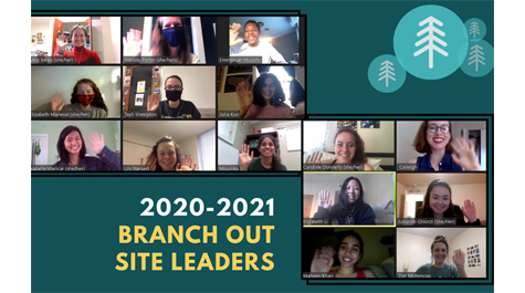 A graphic that says 2020-2021 branch out site leaders and shows Zoom screens with multiple faces