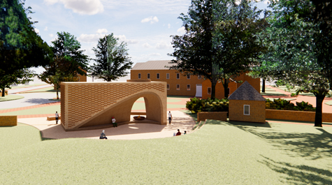 An artist's rendering shows a rectangular brick structure with an asymmetrical space at the bottom surrounded by green space and the Wren Building in the background