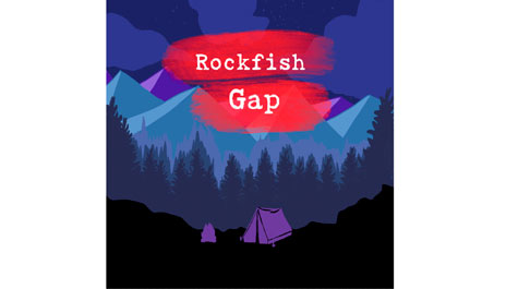 Blue graphic of mountains and trees with red Rockfish Gap words