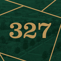 327 on a green background with gold lines surrounding it