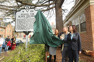 Virginia historical marker W-109 was unveiled at the original site of the Bray School in March, 2019. William &amp; Mary photos by Stephen Salpukas