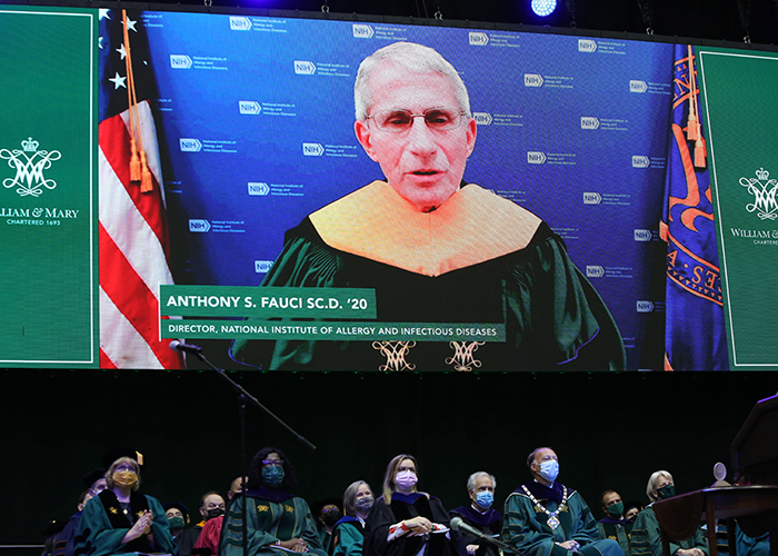 Dr. Anthony Fauci offered virtual remarks during the ceremony. (Photo by Stephen Salpukas)
