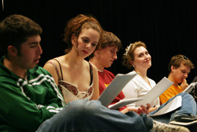 A student play is read by (from left) Tom Bambara, Victoria Eddy, Chris Boyd, Erin Zimmerman and Noah Foreman. Photo by David Williard.