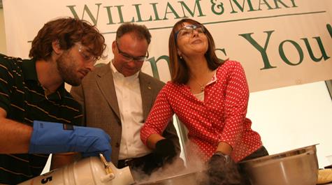 Gov. Kaine, flanked by student Lee Speight (l) and professor Lisa Landino (r), helped prepare some chemistry ice cream.