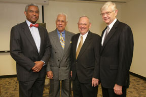 l-r, Larry Palmer, Mayor Douglas Wilder, VCU president Eugene Trani and W&M Interim President W. Taylor Reveley III at the May 15, 2008 announcement.