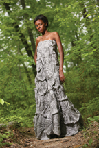 Hispanic studies/international relations major Kendall Simmons ’09 wears a strapless pewter dress of silk fuxico that grow as they reach the earth.