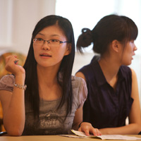 Freshman Yuting Feng from Nantong, China, sits in a seminar at the Reves Center for International Studies
