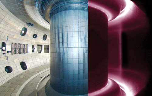 An artist’s conception of what the right half of the DIII-D tokamak looks like when energized with plasma.