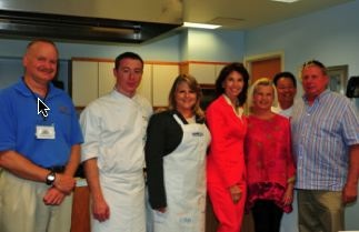 From L: Dr. Kirk Havens, Chef Ryan Manning, Virginia's First Lady Maureen McDonnell, former First Lady Susan Allen, Renee Smith, Executive Chef Peter Pahk, and waterman Ken Smith. Photo by Kathleen Scott.