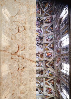 Comparison between the sketch of the Archivio Buonarroti, XIII, 175v and a view from the bottom of the Sistine Ceiling, drawing by Adriano Marinazzo.