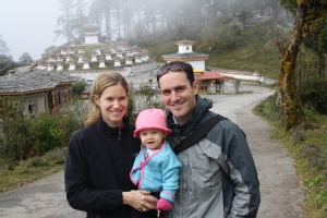 Odette Clark '00, Tim Campbell '98, and daughter Heloise in Bhutan.