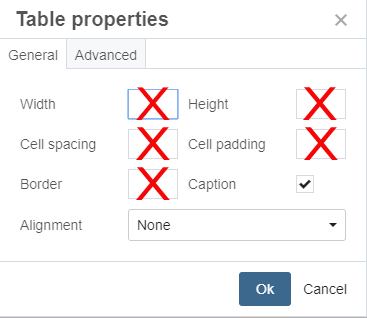 Table properties dialog box