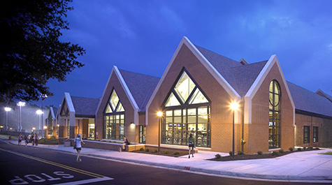Exterior shot of the Student Recreation Center at night