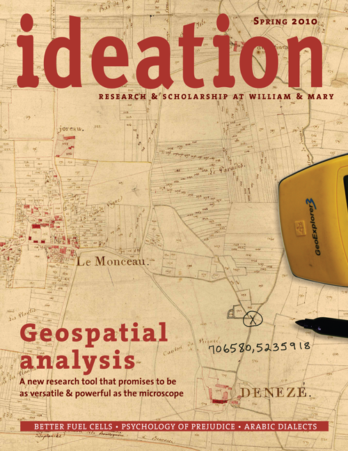 Cover of Ideation Magazine for spring 2010 issue. Cover feature headline: Geospatial analysis: A new research tool that promises to be as versatile & powerful as the microscope. Yellowed plot map shown with a GeoExplorer 3 device and a pen on it.
