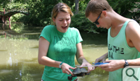 Maren Hunsberger ’15 tries to keep a grip on Number 13 as Andrew Koons ’15 uses calipers to measure the turtle’s carapace. Number 13 was the only turtle caught on Sept. 4 in Crim Dell.