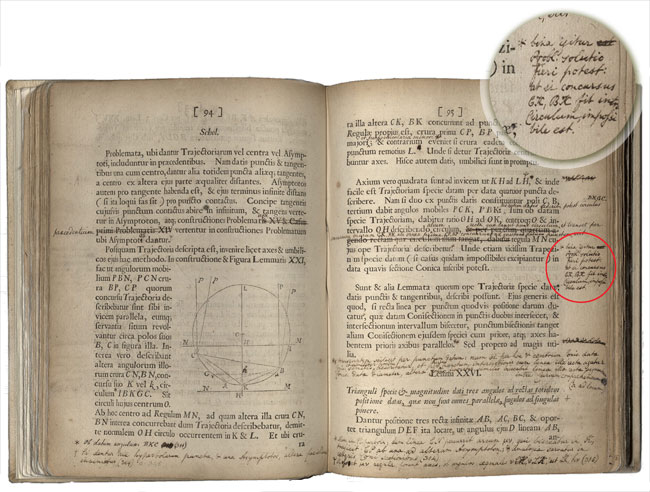 Inset shows details of the annotations in William & Mary’s first-edition copy of Isaac Newton’s Principia