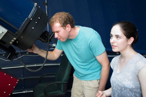 Jacob Gunnarson and Alexandra Cramer hope to use the Meade telescope in the Harriott Observatory to capture asteroid strikes in the planets of the outer solar system.