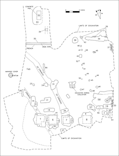 A variety of features were identified at Site 44PY178, including the line of square privy holes extending along the southern edge of the site. The table below the map lists all of the features identified, their functions, and dates.