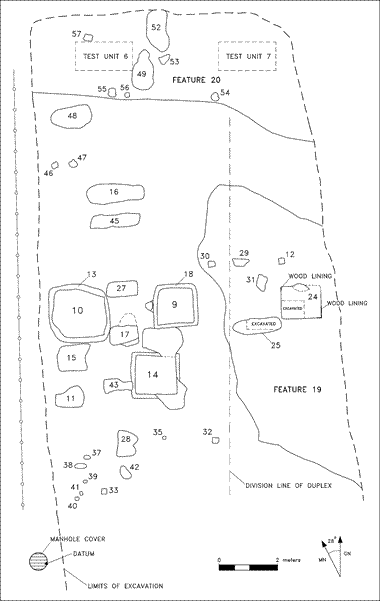 Site 44PY181 features included four square privy holes, as well as slop holes and postholes. The table below the map lists all of the features identified, their functions, and dates.
