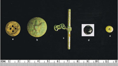 Illustrated from the left: a bone button, a General Services button (used by the military 1854—1902), a watch or vest chain, a faceted glass bead, and a plain glass bead.