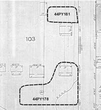 By looking at copies of old fire insurance maps, we were able to track changes in the Front Street neighborhood and houses. Many of the changes were also reflected in property values listed in city tax records. Here the site locations are plotted on an 1894 map.