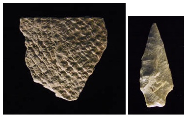 Through radiocarbon dating and by comparing collections from hundreds of sites, archaeologists have gradually classified a large number of regional prehistoric artifact types. Styles of pottery and stone tools especially varied through time and across regions. This variation allows these artifacts to be identified and dated based on their appearance and manufacturing technique. The artifacts above were identified using this type system. Based on the net-impressed surface treatment and the grit used as temper, the pottery sherd above is probably a Popes Creek type (about 2000 years old). The shape of this quartzite spear point identifies it as a Bare Island type (5000 years old).