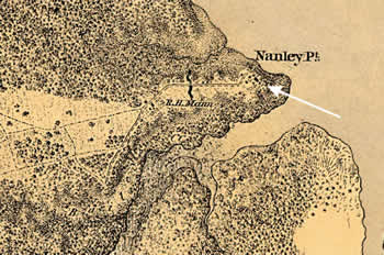 During the Civil War, the north bank of Bailey's Creek was a strategic position for Union forces protecting the massive depot at City Point. Military correspondence refers to various units stationed there, including a cavalry depot in July 1864. Archaeological traces of their stay were found near the old plantation house (see arrow) at Nanley Point. Among the artifacts from a trench feature were a cavalry issue bridle bit, a horseshoe, and minie bullets.
