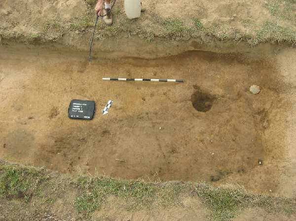  The oblong feature is marked by darker brown soil contrasting with the lighter subsoil. It appears to be related to a structure shown on a Civil War-era map. The round hole on the edge of the feature is where a shovel test first encountered the feature earlier in this study. Also note a dark circular posthole feature just left of the bigger feature and a prehistoric stone tool near the upper right corner.