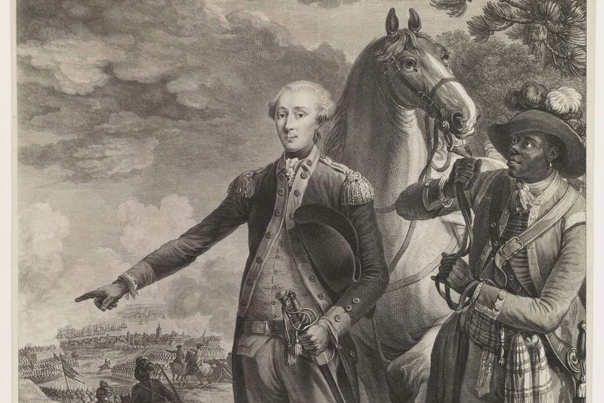 James Armistead Lafayette, right, depicted here holding the reins of a horse in this historic painted portrait of the Marquis de Lafayette by Jean-Baptiste Le Paon