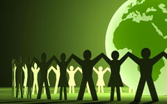 Illustration of paper dolls around a globe